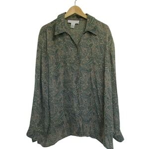Maggie McNaughton Womens Paisley Long Sleeve Button Down Shirt size 20W Green
